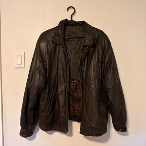Moore’s oversized chocolate brown leather bomber jacket